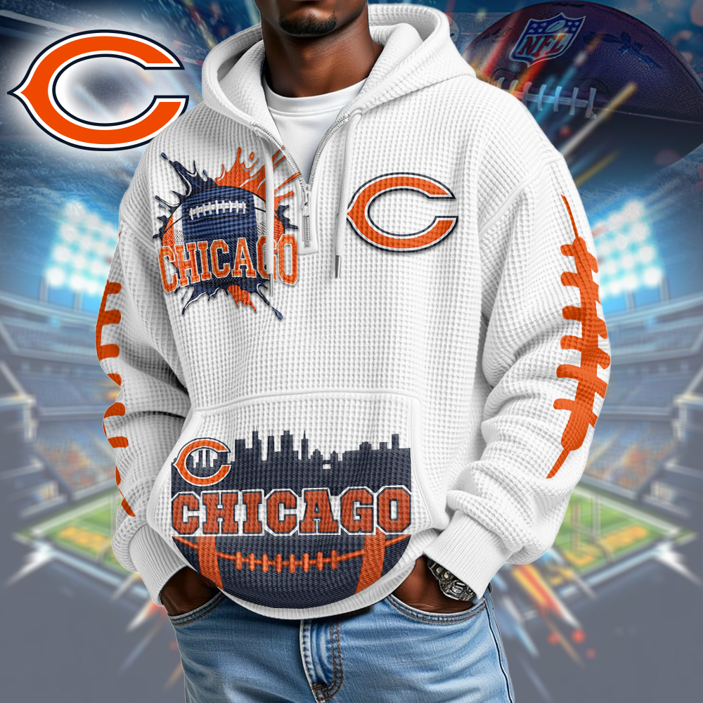 CHI Premium NFL Waffle Zipper Long Sleeve Hooded Sweatshirt DDT CTND