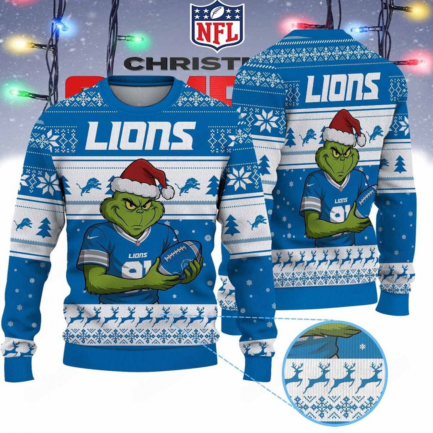 DET X NFL Grinch Jersey Premium Ugly Sweater Xmas DATND THUONGNH