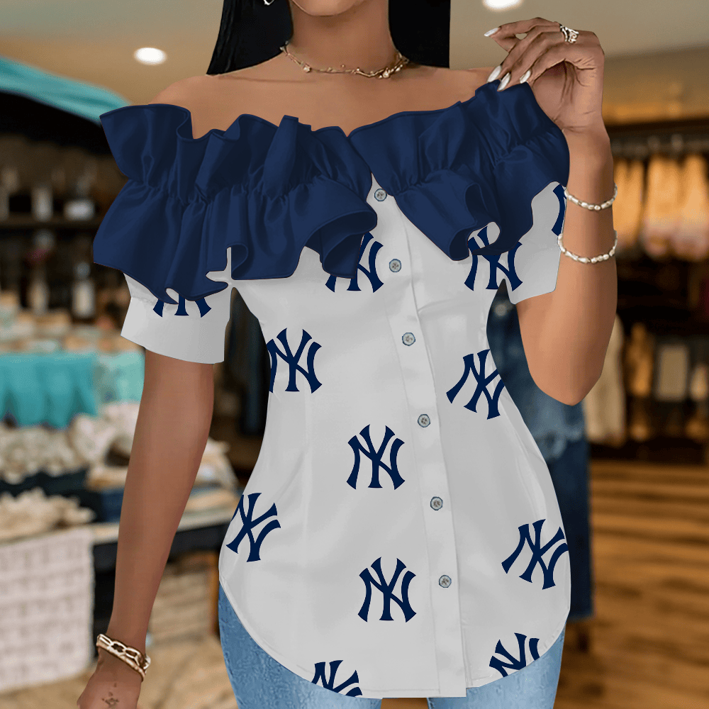 NYY Premium MLB Women Ruffle Off-Shoulder Blouse DDT CTND