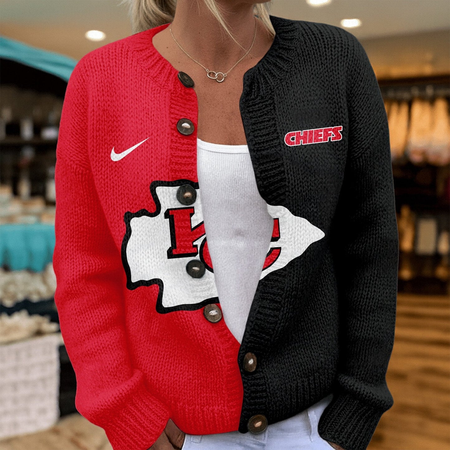 Premium NFL X KC Smart Woman Love Football Cozy Split Knit Cardigan V2 NDT NHM