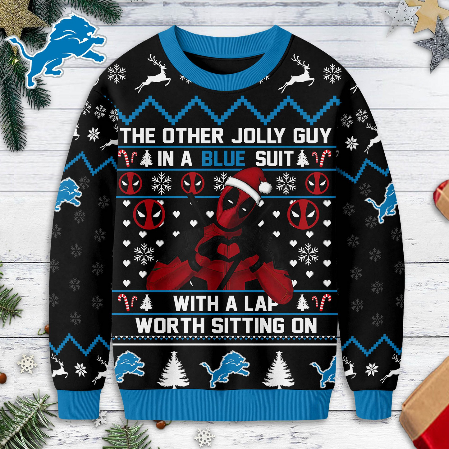 Premium NFL x DET Deadpool Christmas Ugly Sweater NDT NHM 131125