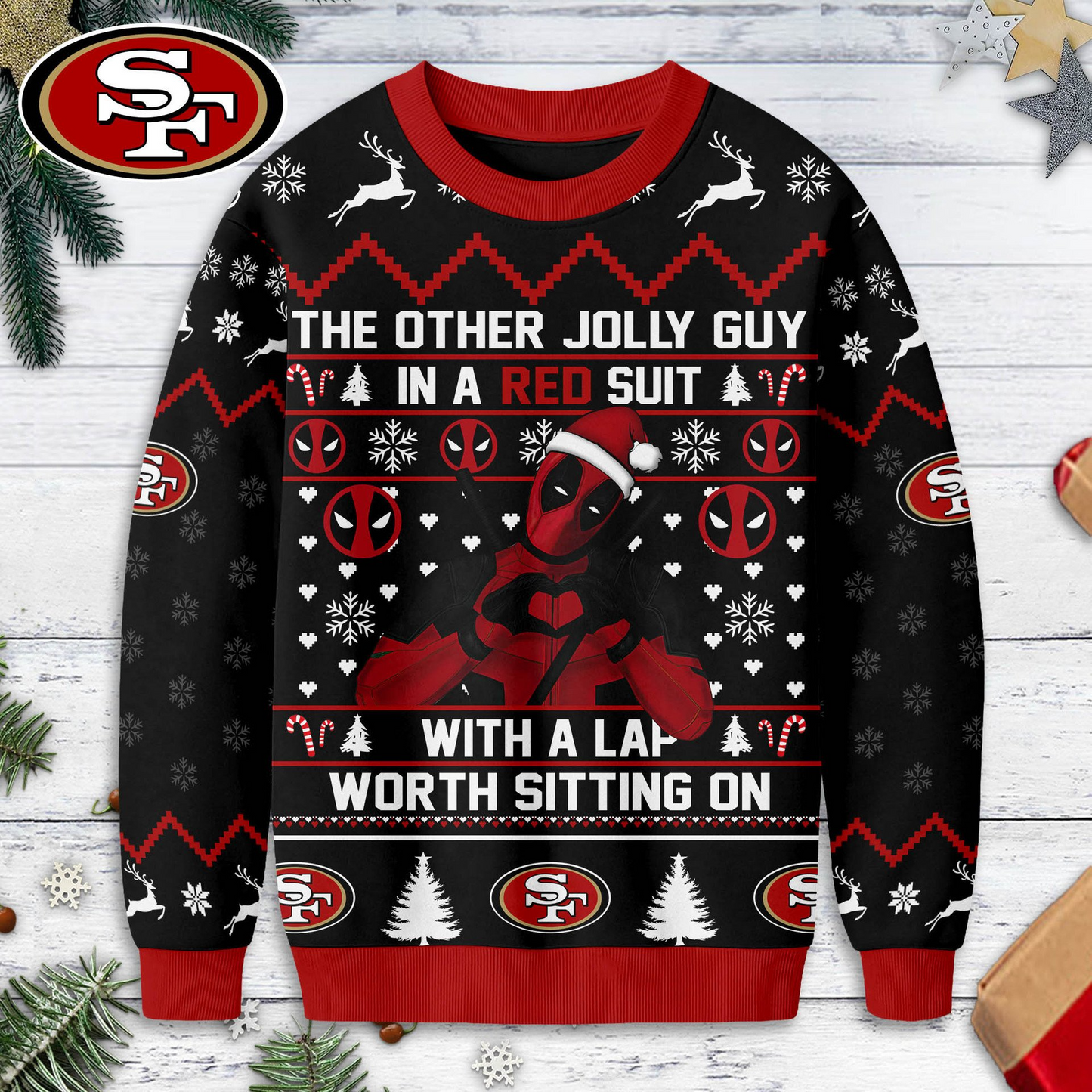 SF49 Premium NFL Deadpool Christmas Ugly Sweater DDT NTL