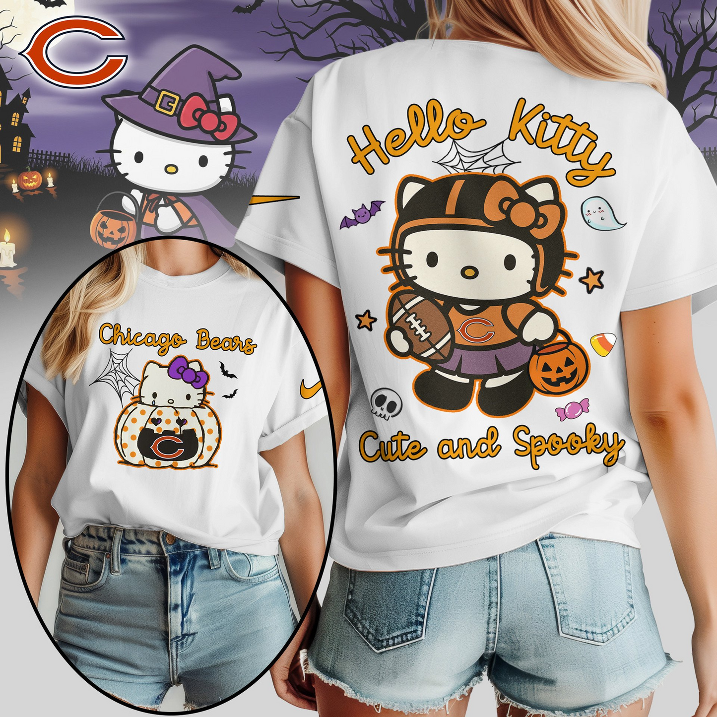 CHI Premium NFL Hello Kitty Cute & Spooky Halloween Women Shirt DDT CTND
