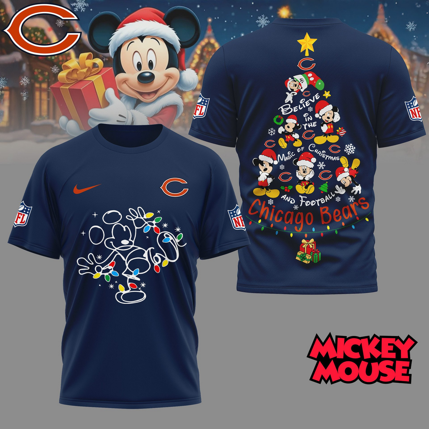 CHI Premium NFL Mickey Mouse Christmas 3D Shirt DDT CTND