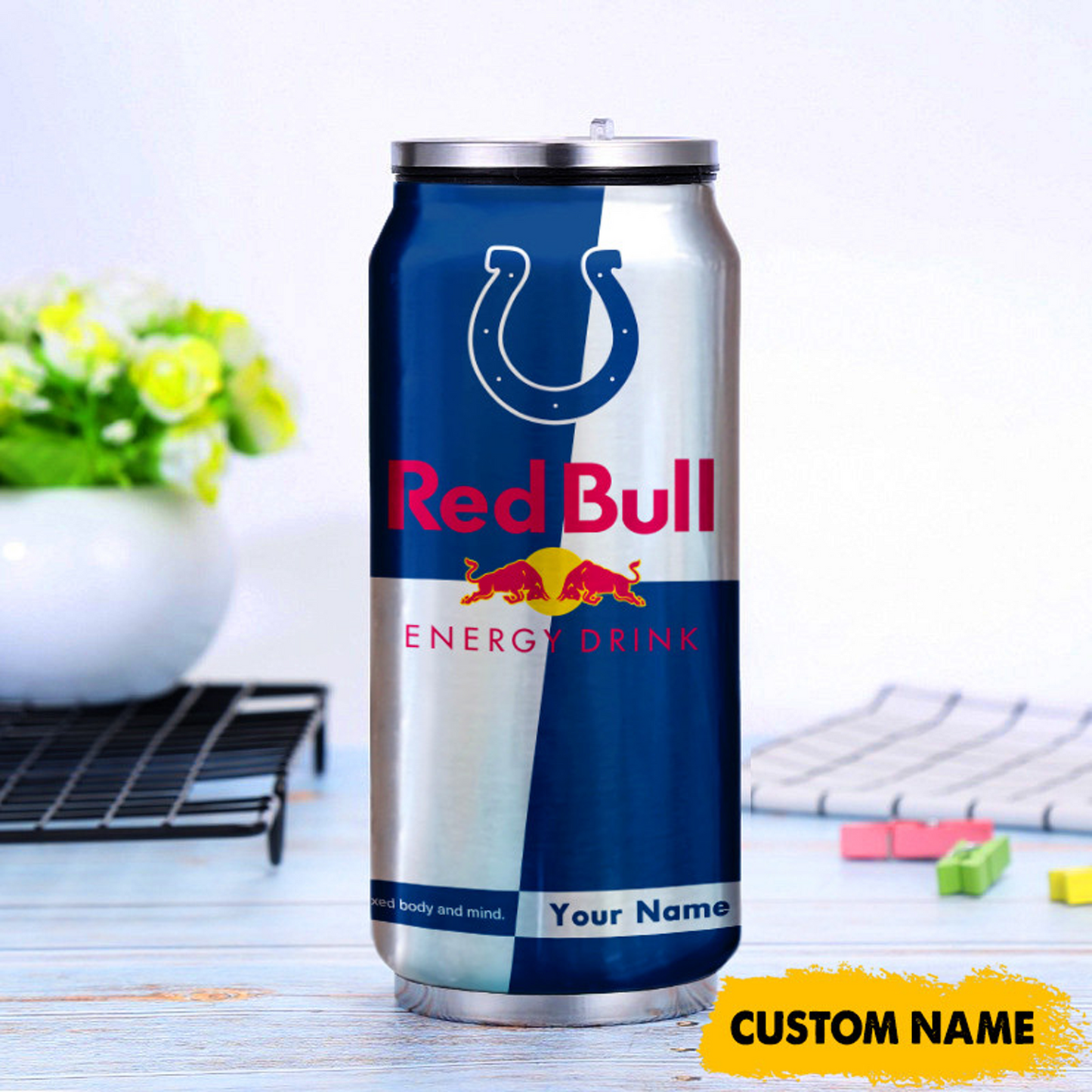 IND x NFL Mix RedB Drink Can Tumbler Custom Any Name DATND TANTD