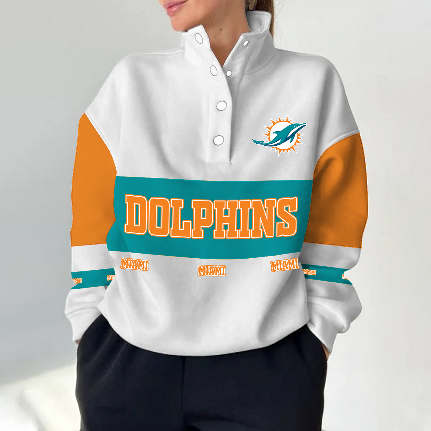 MIA x NFL Women's Retro Casual Snap Mockneck Pullover DATND TANTD