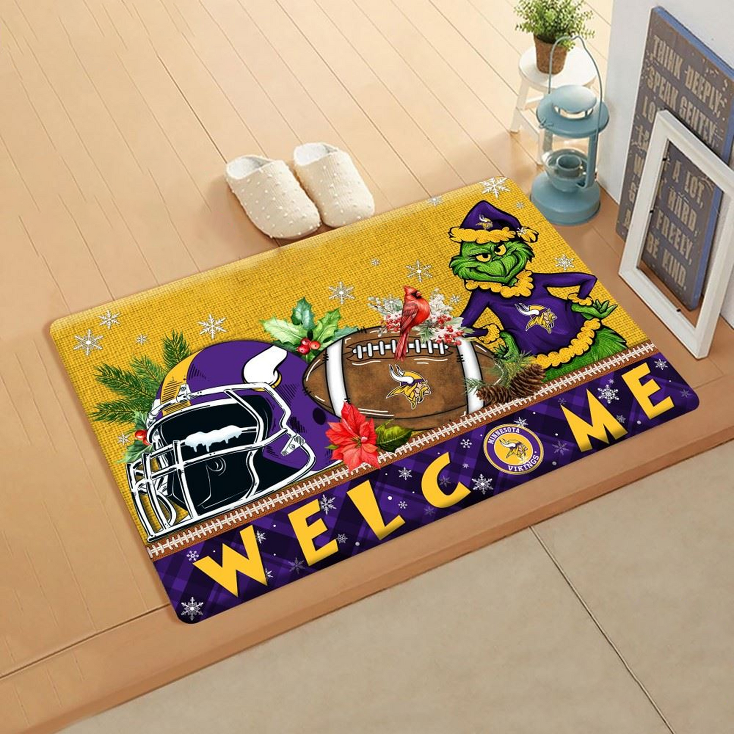 NFL x MIN Doormat Grinch Christmas Welcome FOOTBALL NDT TDT