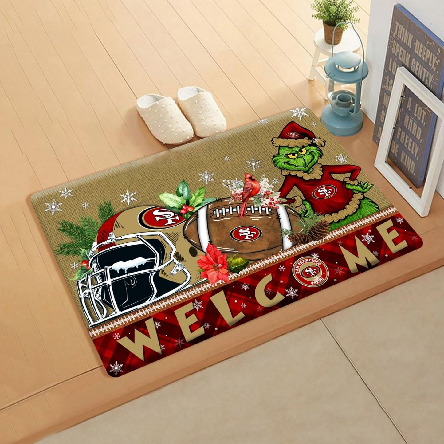 NFL x SF Doormat Grinch Christmas Welcome FOOTBALL NDT TDT