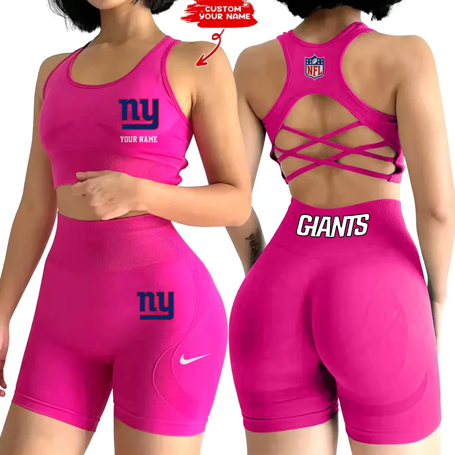 NYG x NFL 2-PCS Women's Seamless Yoga Set Sexy Sport Bra High Waist Sports Shorts DATND TANTD