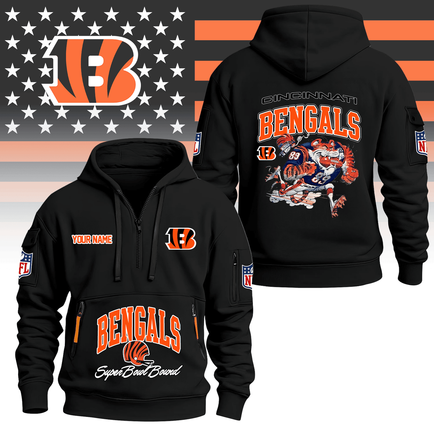 Premium NFL CIN Super Bowl Hoodie Half Zipper V1 NMD TTV