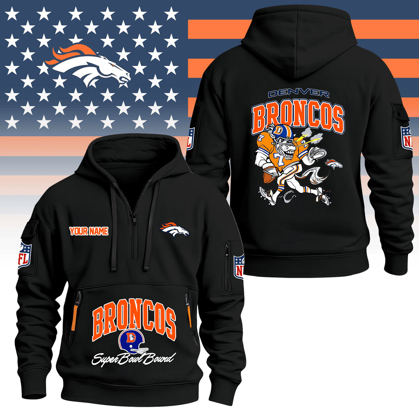 Premium NFL DEN Super Bowl Hoodie Half Zipper V1 NMD TTV