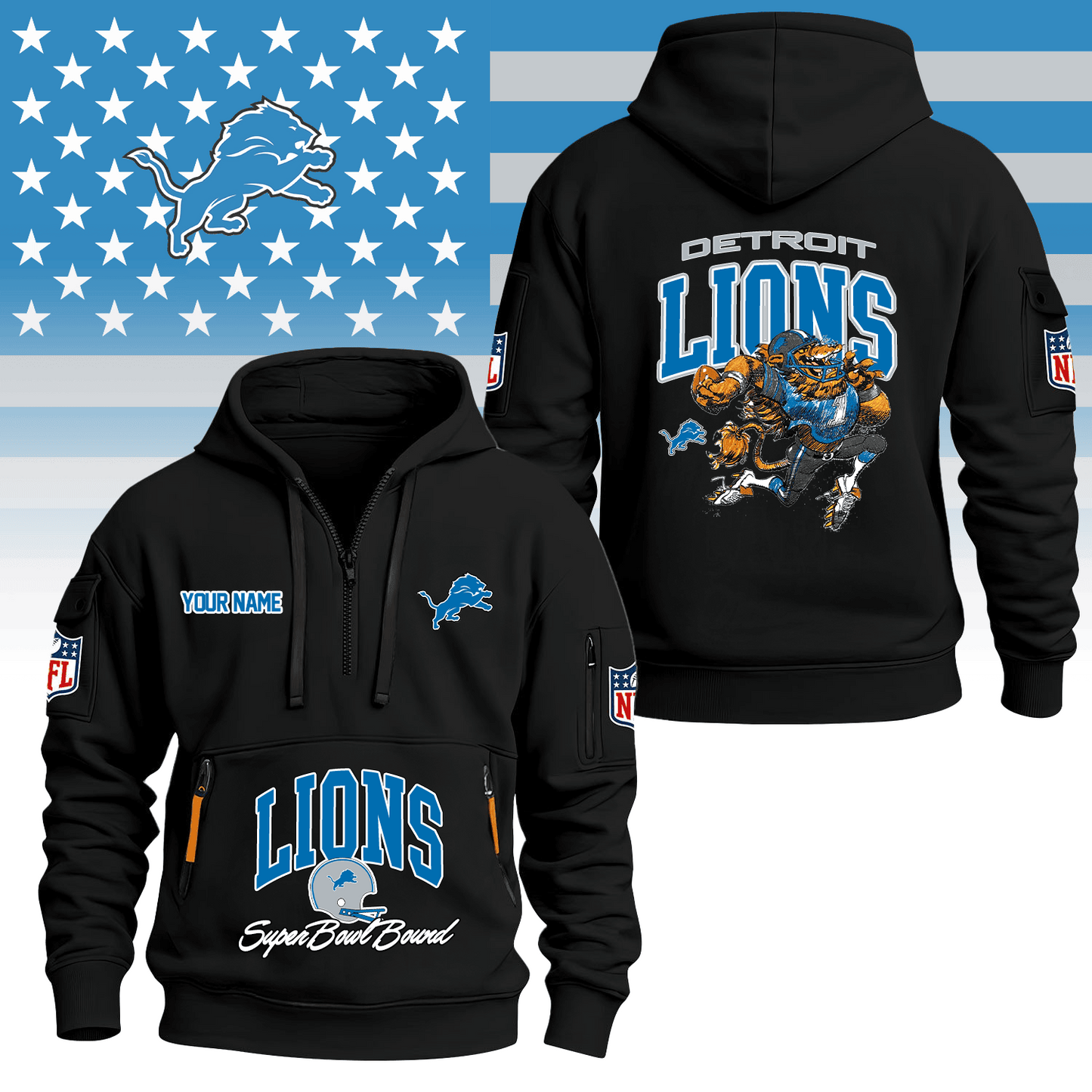 Premium NFL DET Super Bowl Hoodie Half Zipper V1 NMD TTV