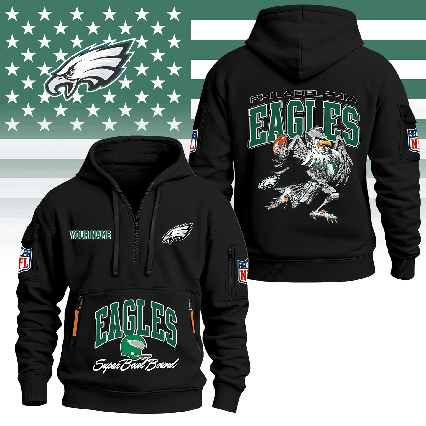Premium NFL PHI Super Bowl Hoodie Half Zipper V1 NMD TTV