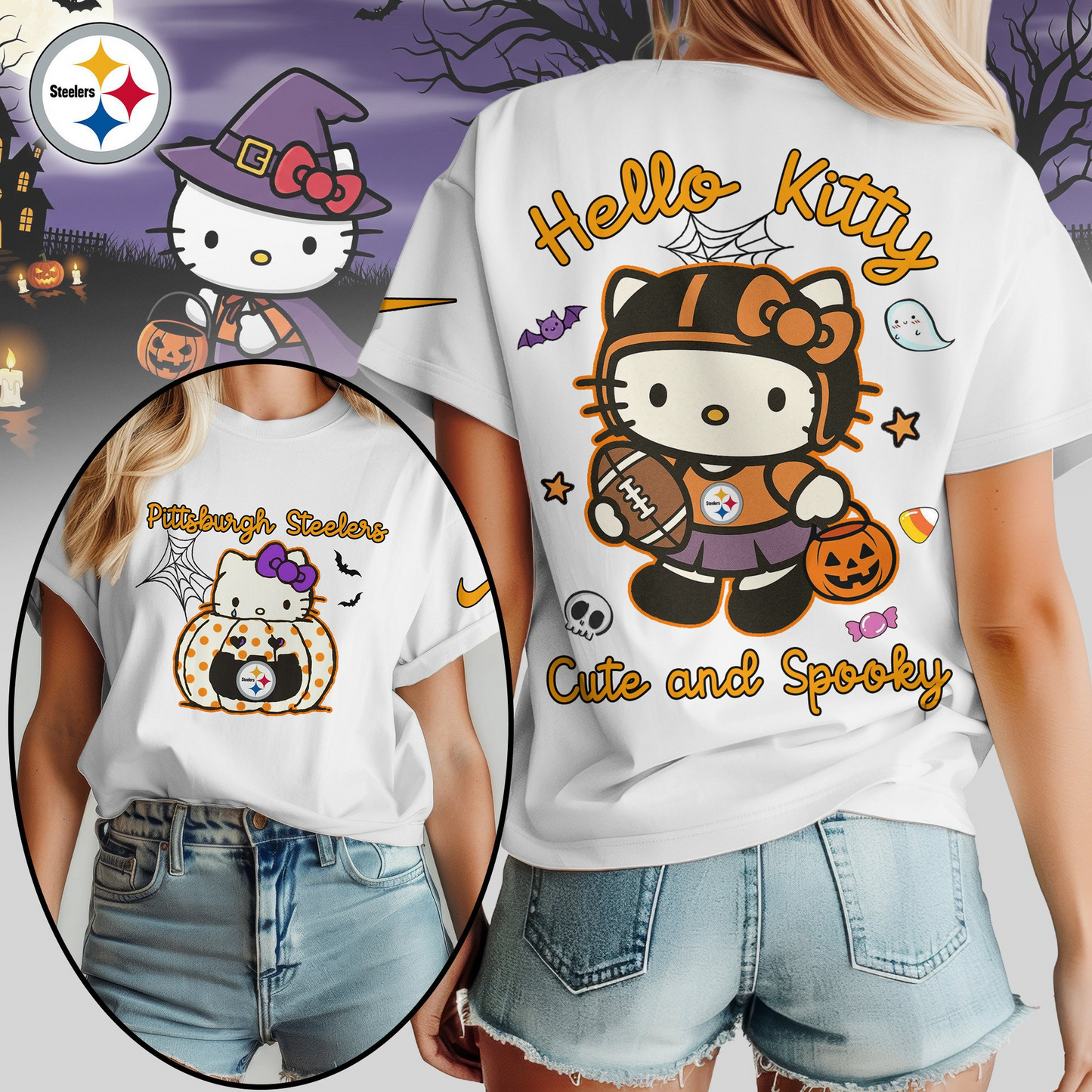 PS Premium NFL Hello Kitty Cute & Spooky Halloween Women Shirt DDT CTND