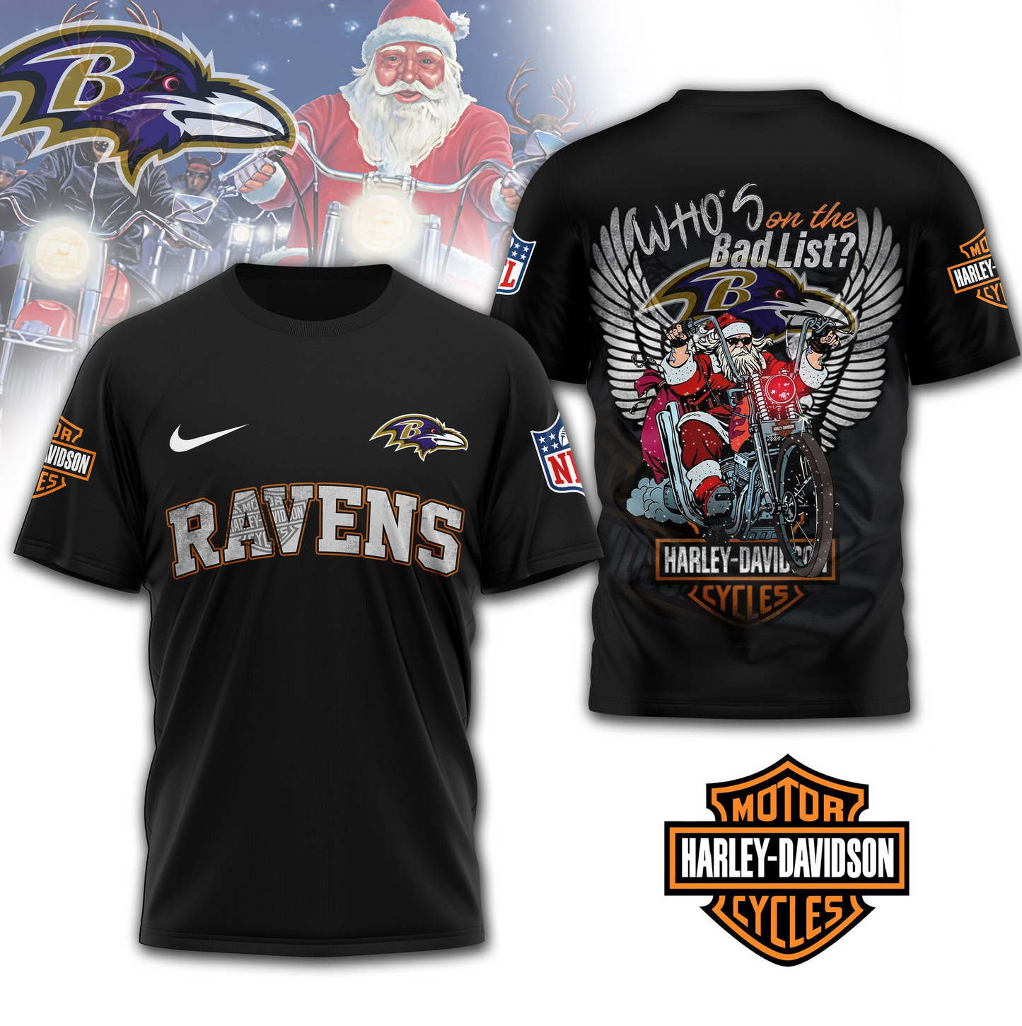 BR Premium NFL Harley-Davidson Santa Claus 3D Shirt DDT NTL