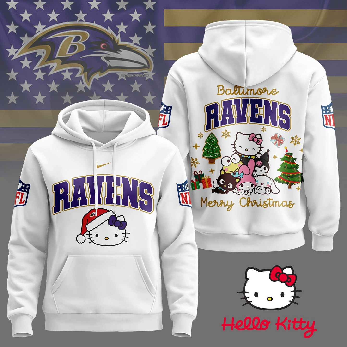 BR Premium NFL Hello Kitty Christmas 3D Hoodie DDT CTND