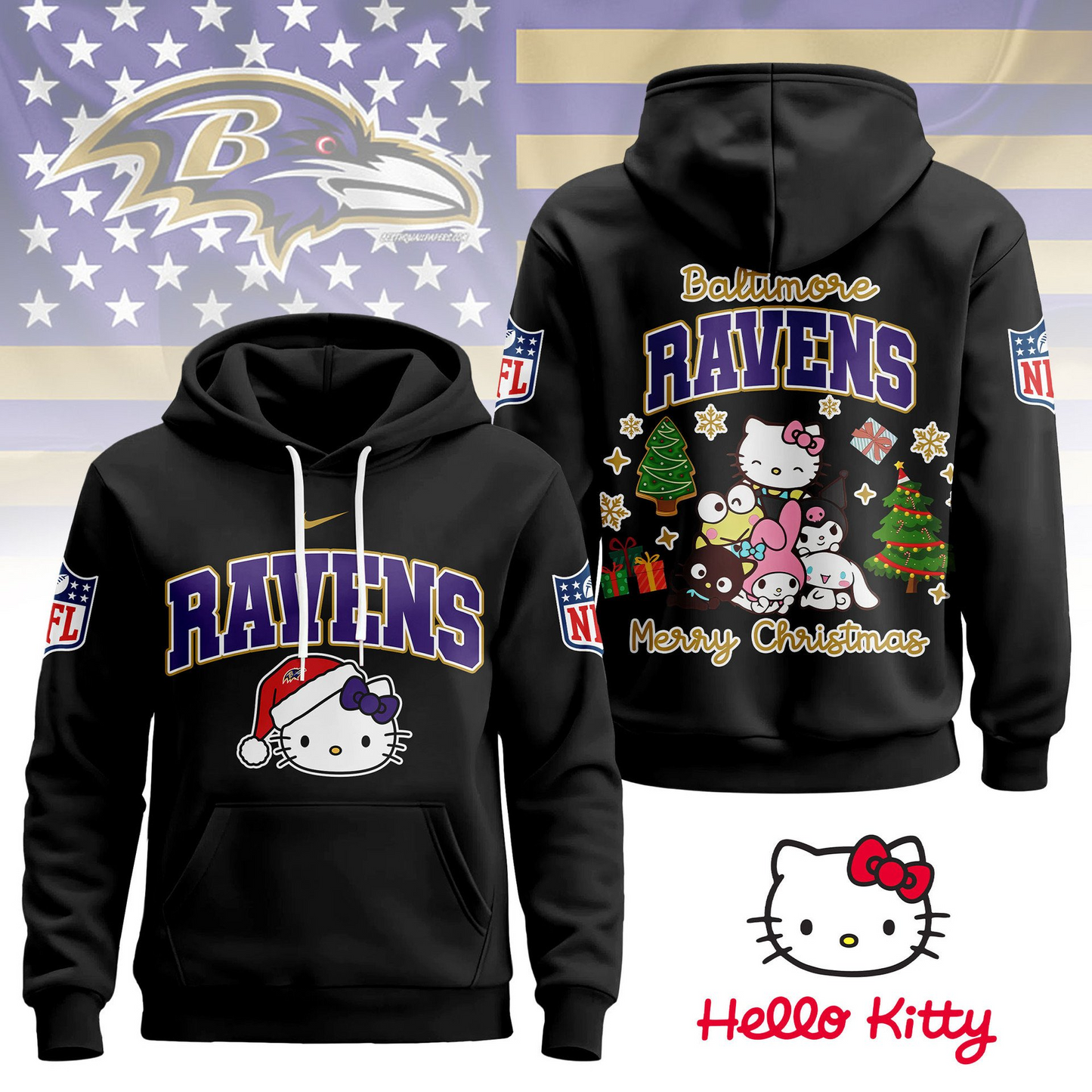 BR Premium NFL Hello Kitty Christmas 3D Hoodie DDT CTND