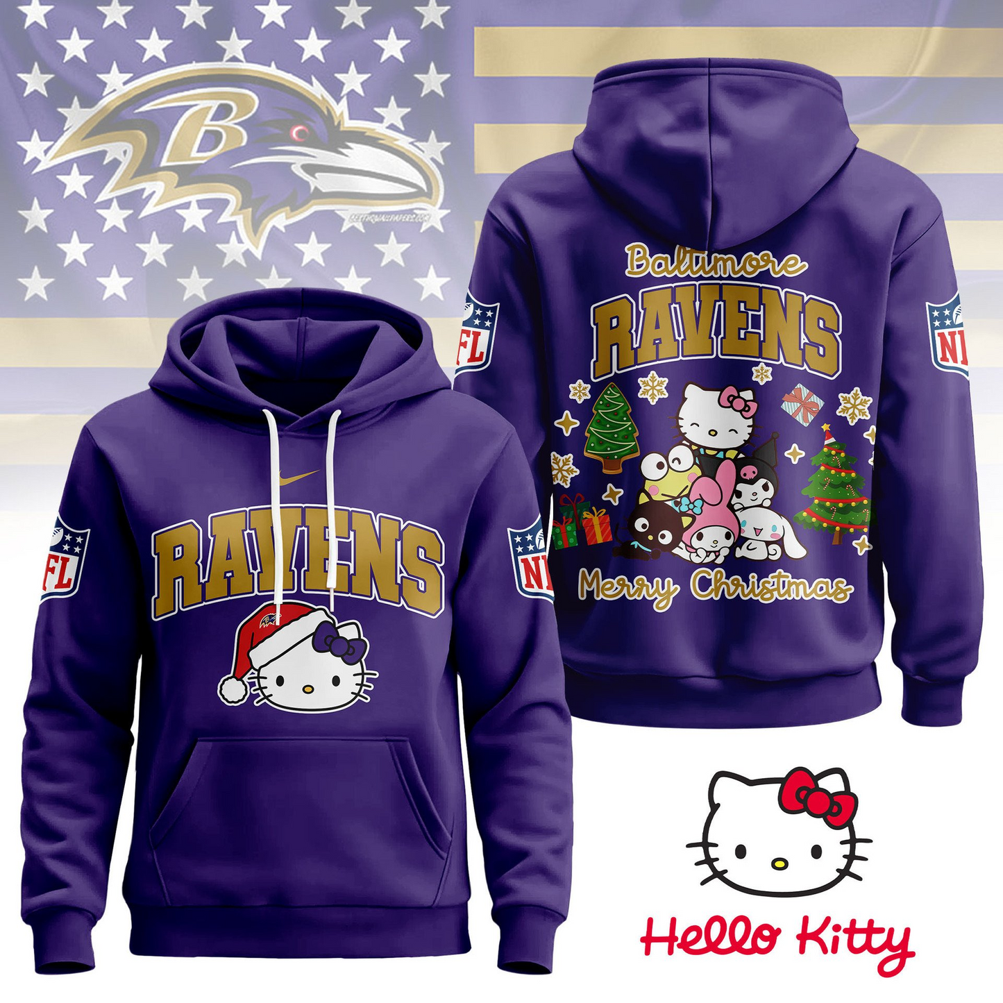 BR Premium NFL Hello Kitty Christmas 3D Hoodie DDT CTND