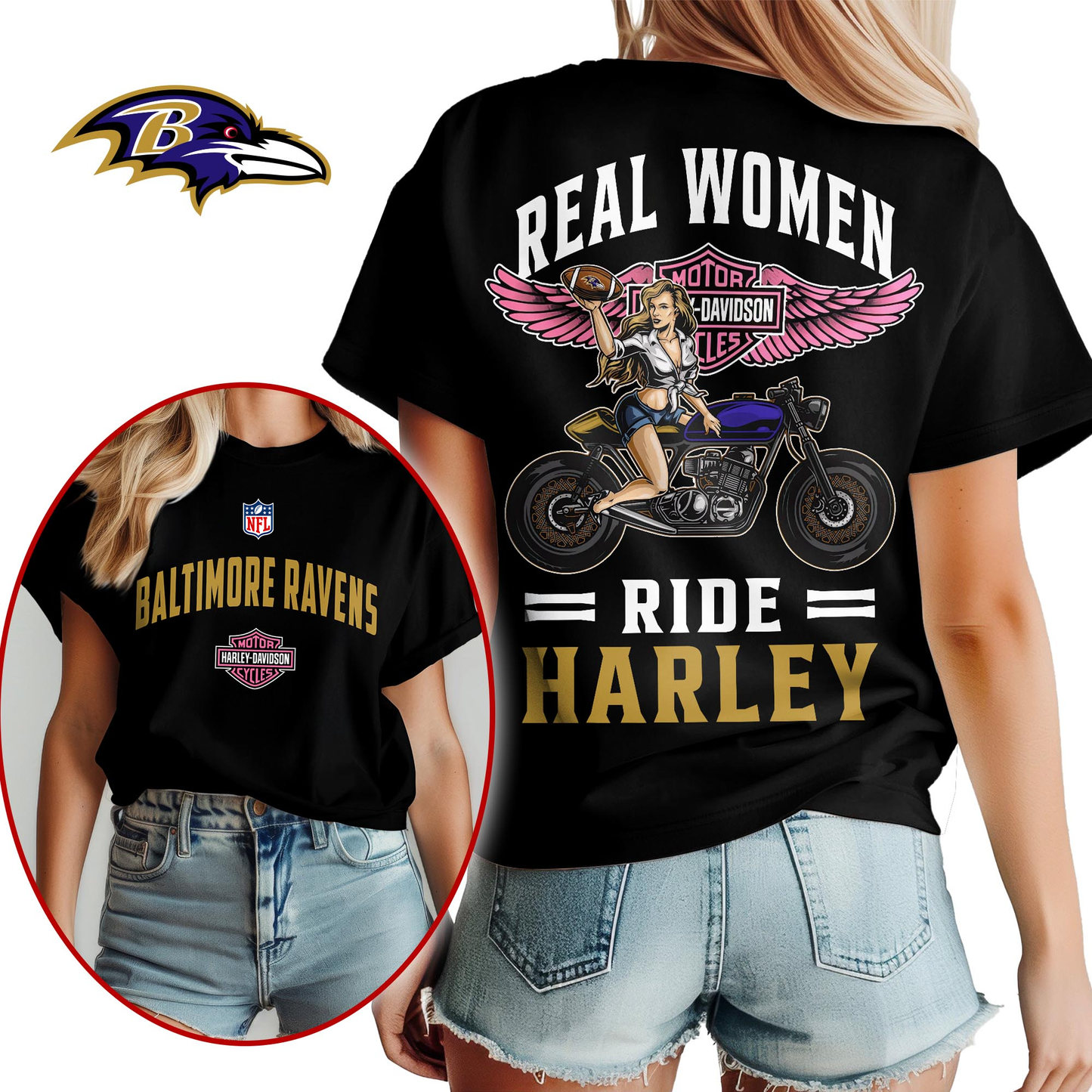 BR Premium NFL Real Women Ride Harley 3D Shirt DDT CTND
