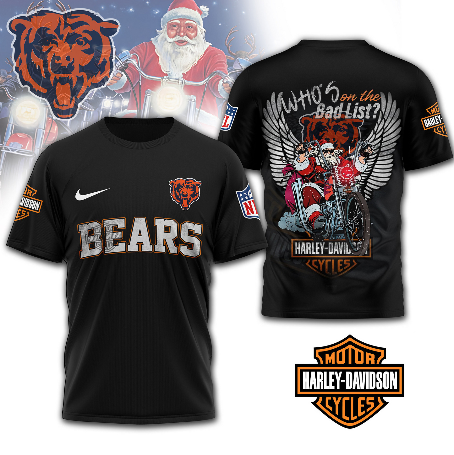CHI Premium NFL Harley-Davidson Santa Claus 3D Shirt DDT NTL