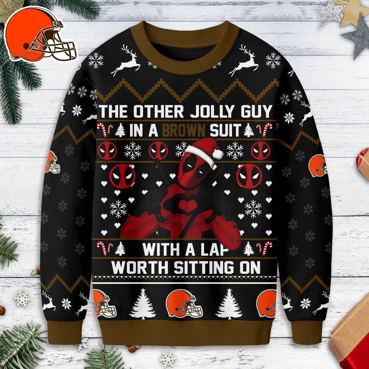 CLE Premium NFL Deadpool Christmas Ugly Sweater DDT NTL