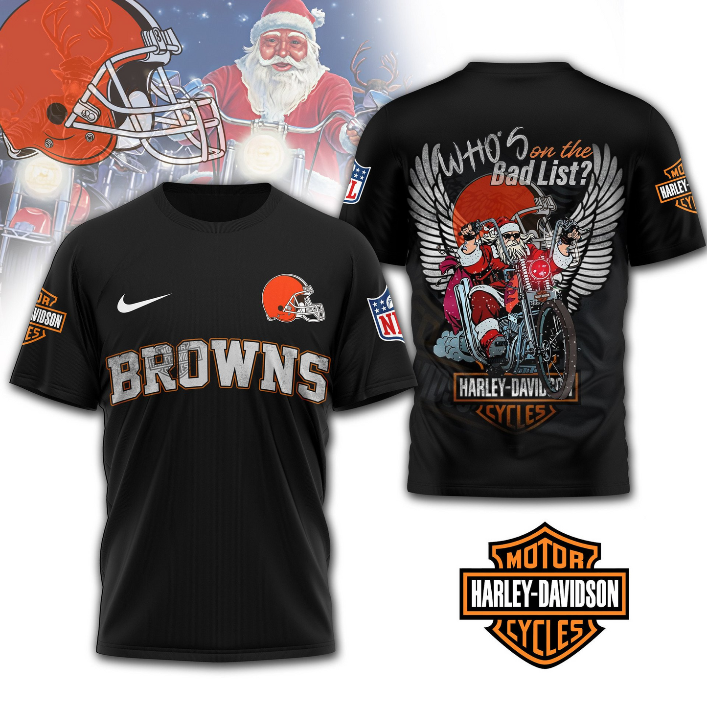 CLE Premium NFL Harley-Davidson Santa Claus 3D Shirt DDT NTL