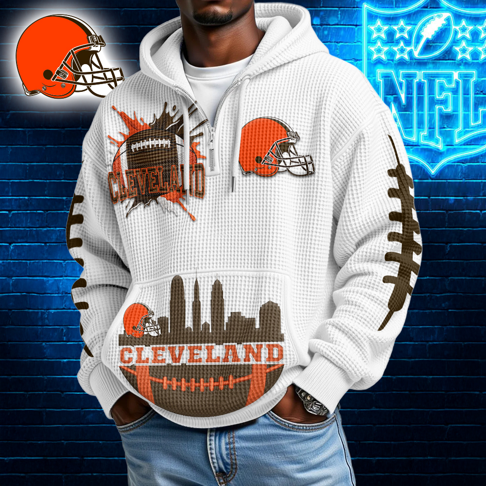 CLE Premium NFL Waffle Zipper Long Sleeve Hooded Sweatshirt DDT CTND