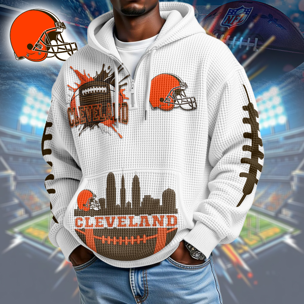 CLE Premium NFL Waffle Zipper Long Sleeve Hooded Sweatshirt DDT CTND
