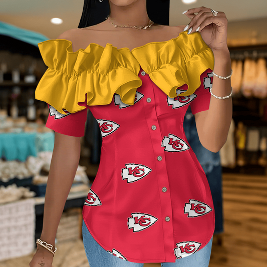KCC Premium NFL Women Ruffle Off-Shoulder Blouse DDT CTND