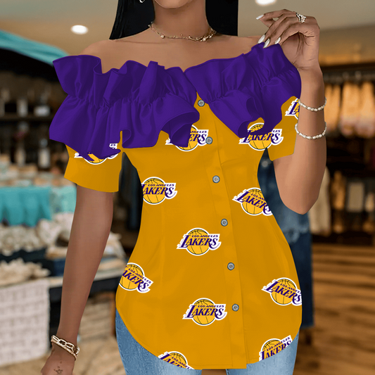 LAL Premium NBA Women Ruffle Off-Shoulder Blouse DDT CTND