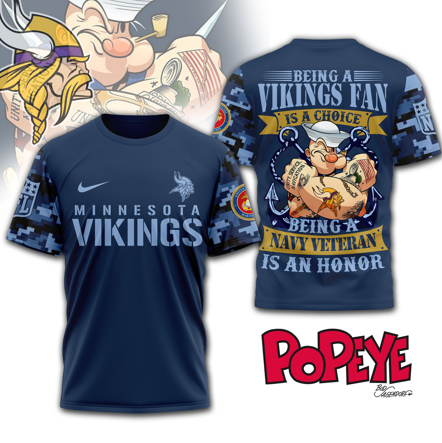 MV Premium NFL Navy Veteran Popeye 3D Shirt DDT CTND
