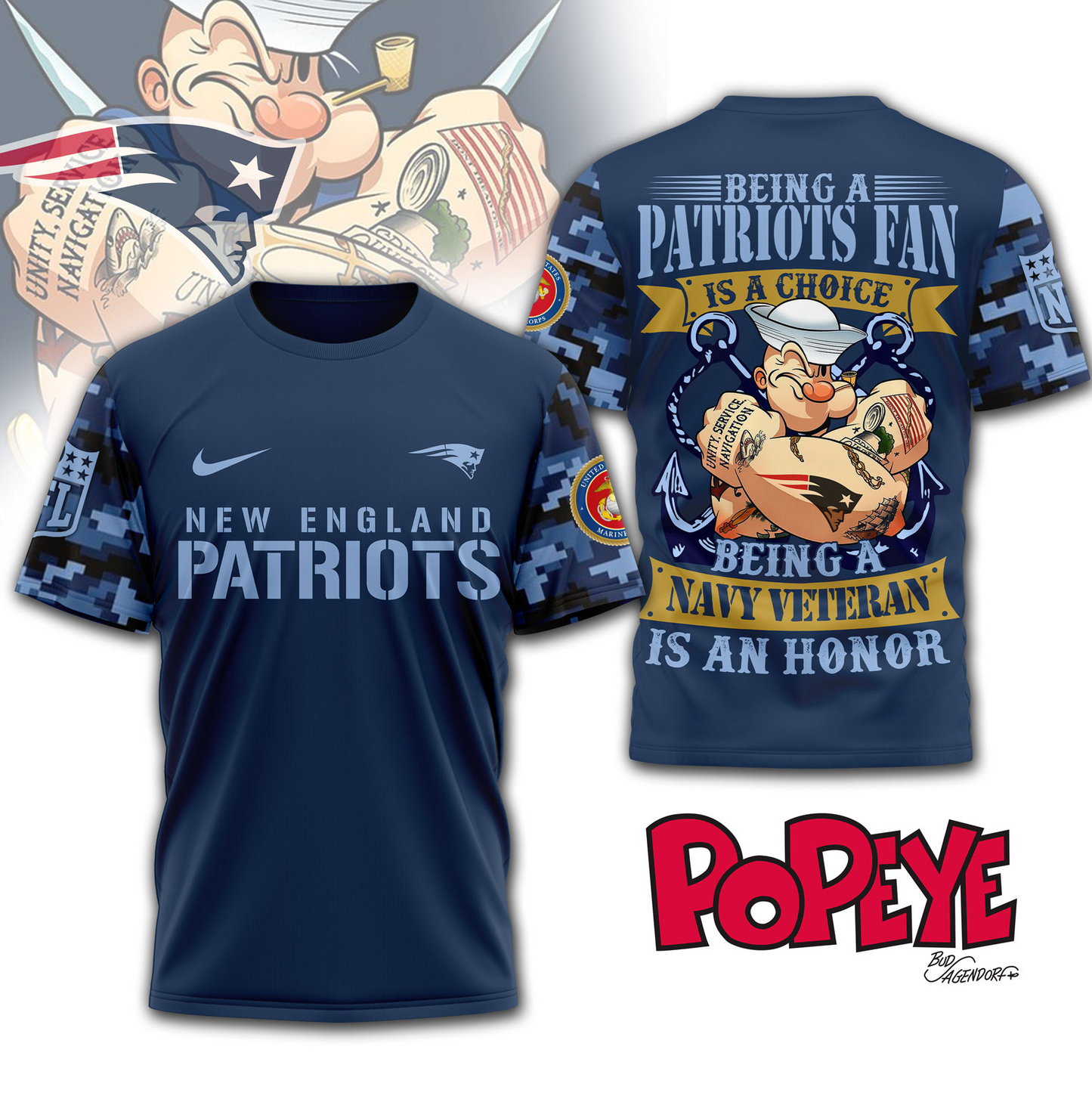 NEP Premium NFL Navy Veteran Popeye 3D Shirt DDT CTND