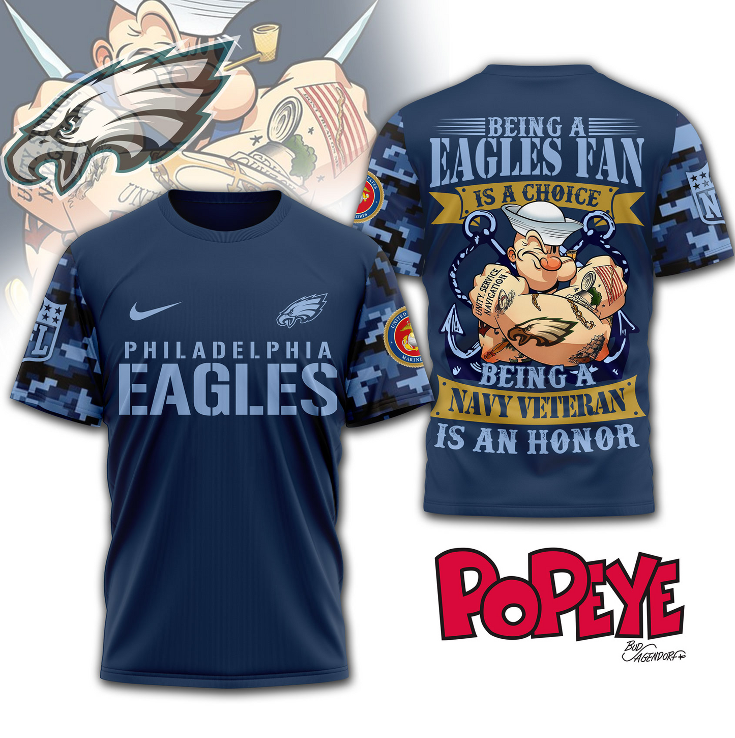 PE Premium NFL Navy Veteran Popeye 3D Shirt DDT CTND