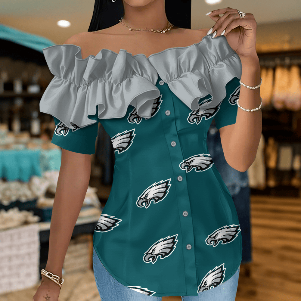 PE Premium NFL Women Ruffle Off-Shoulder Blouse DDT CTND