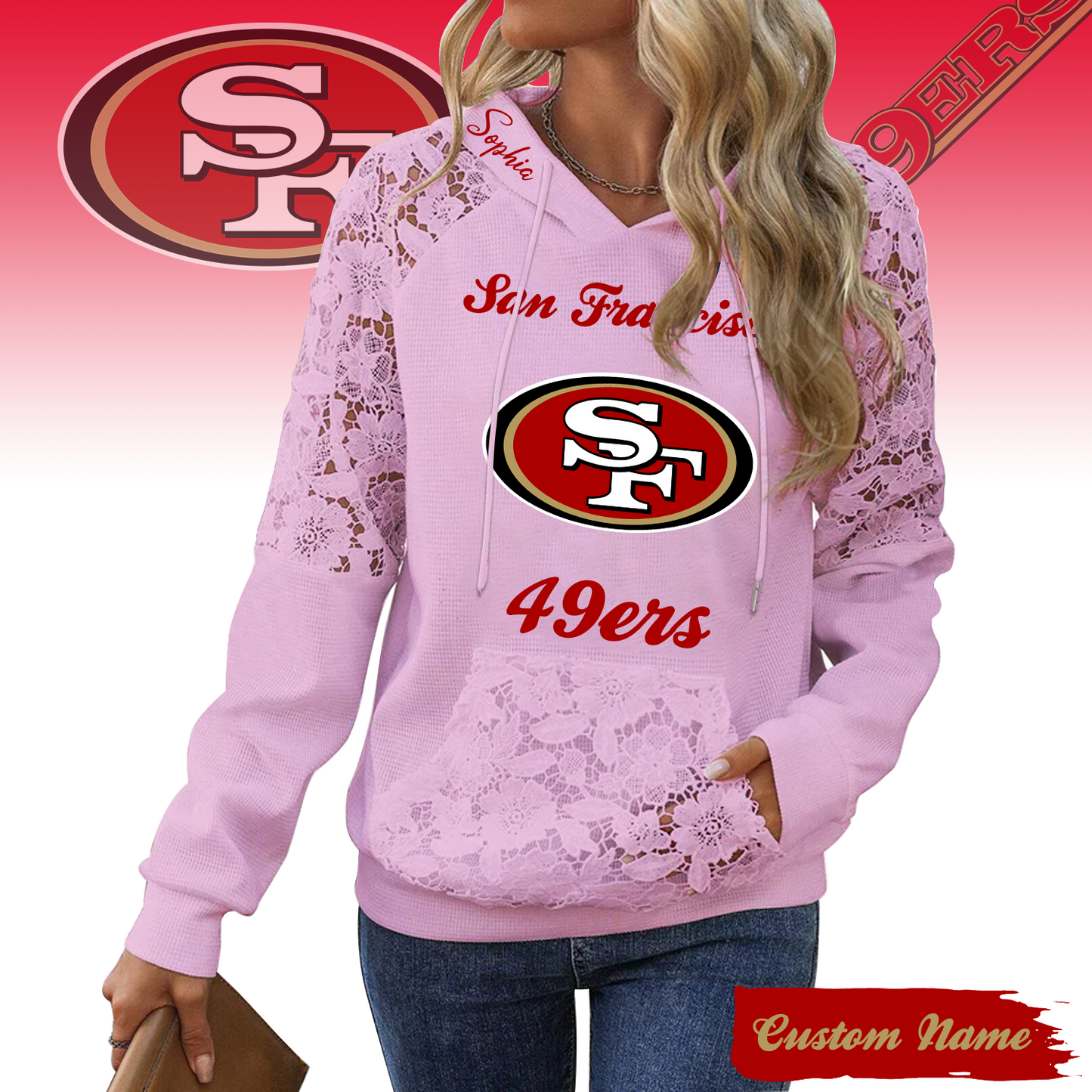 PREMIUM NFL X SF Women's Lace Paneled Waffle Hoodie With Pockets SHIRT NDT TDT