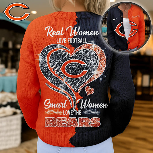 Premium NFL X CHI Smart Woman Love Football Cozy Split Knit Cardigan V2 NDT NHM