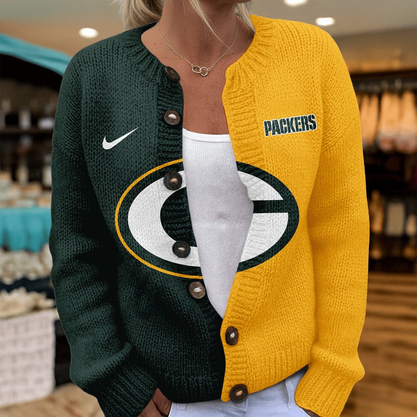Premium NFL X GB Smart Woman Love Football Cozy Split Knit Cardigan V2 NDT NHM