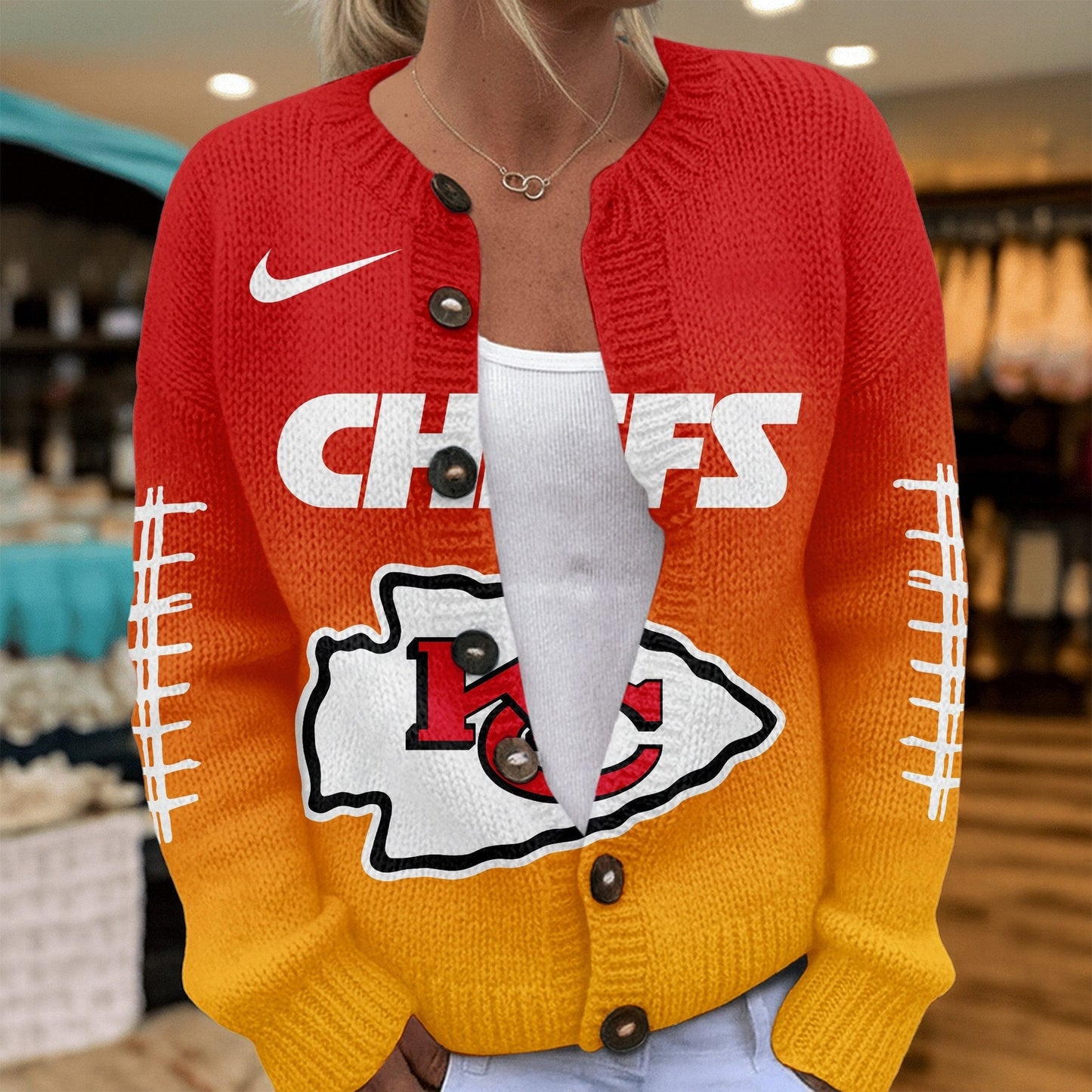 Premium NFL X KC Smart Woman Love Football Cozy Split Knit Cardigan NDT NHM