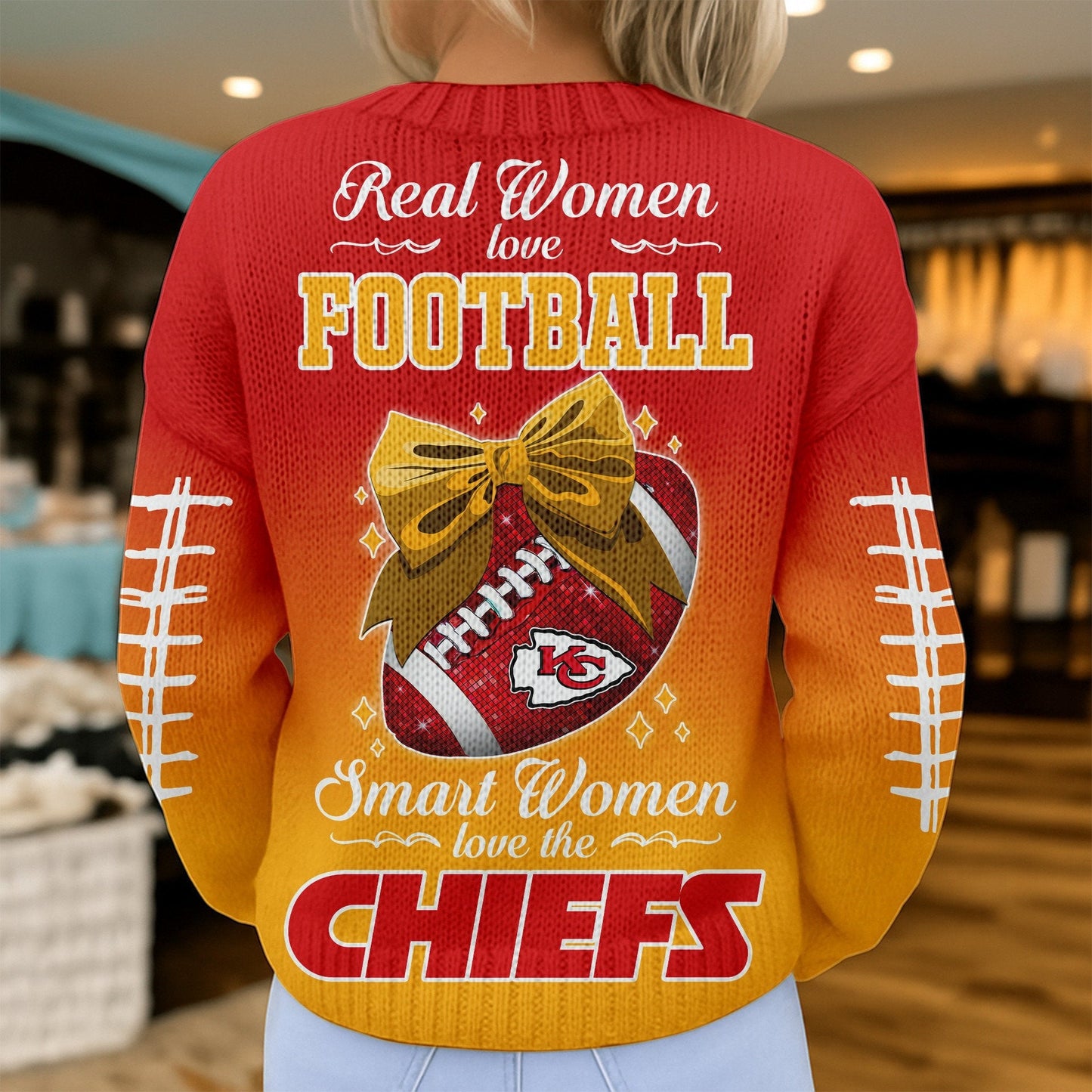 Premium NFL X KC Smart Woman Love Football Cozy Split Knit Cardigan NDT NHM
