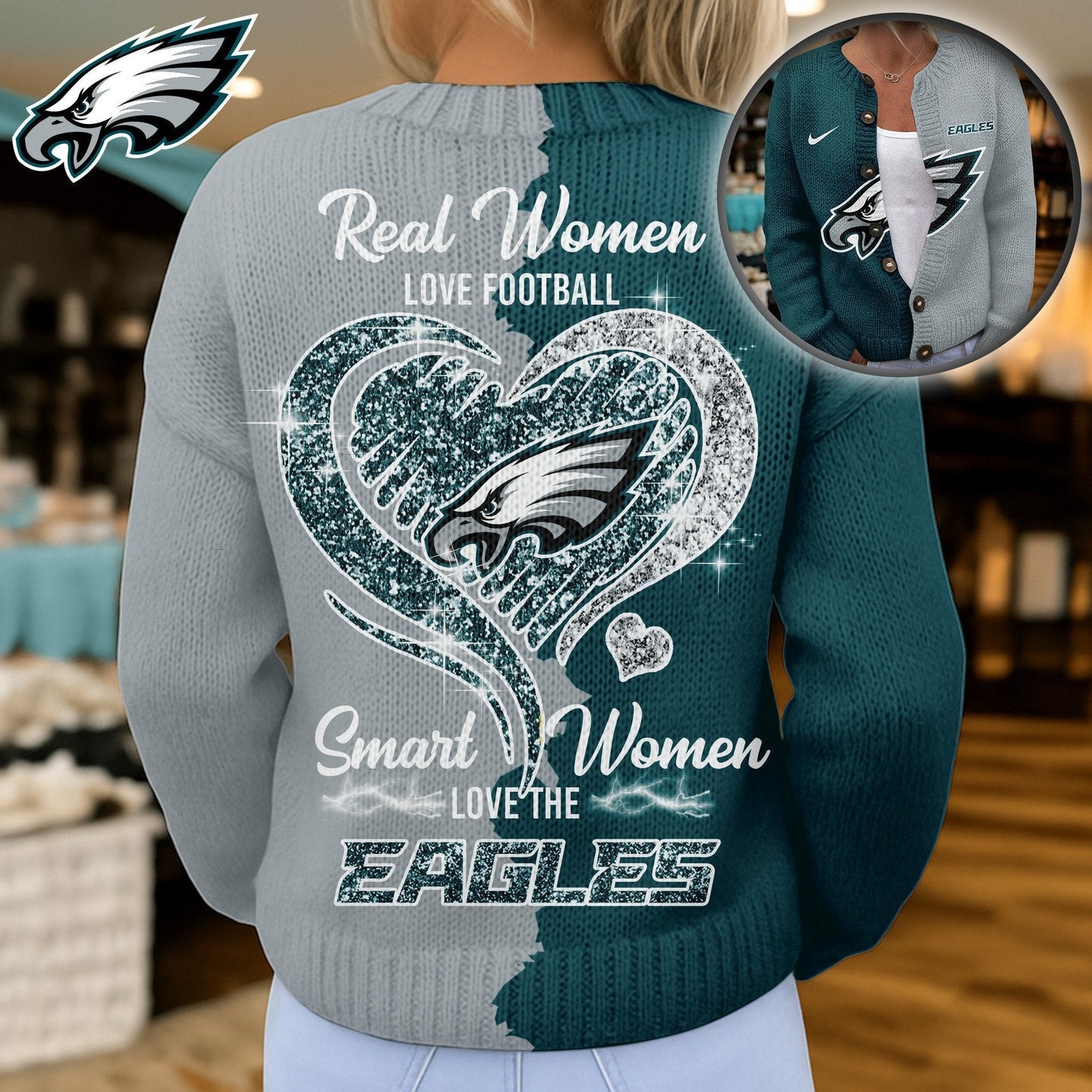 Premium NFL X PHI Smart Woman Love Football Cozy Split Knit Cardigan V2 NDT NHM