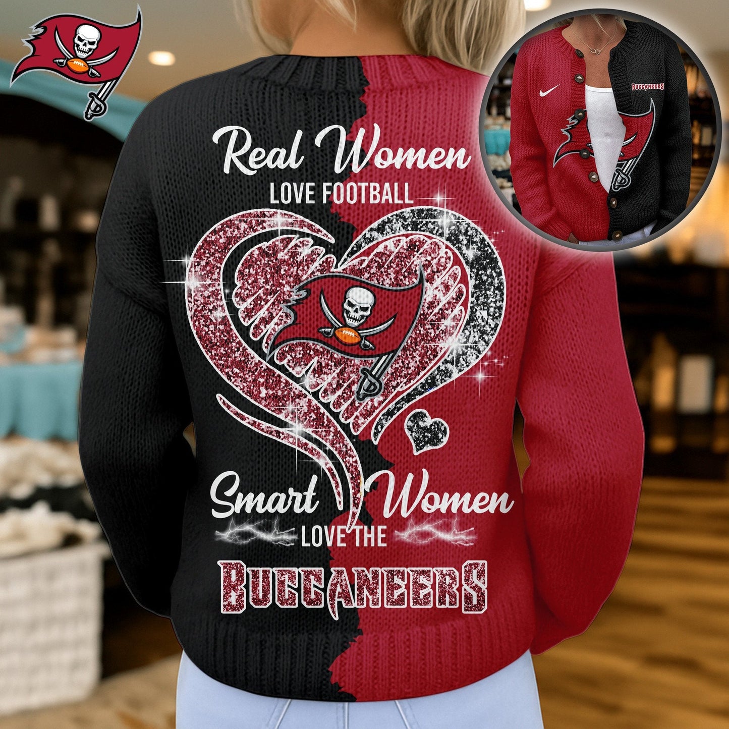 Premium NFL X TB Smart Woman Love Football Cozy Split Knit Cardigan V2 NDT NHM