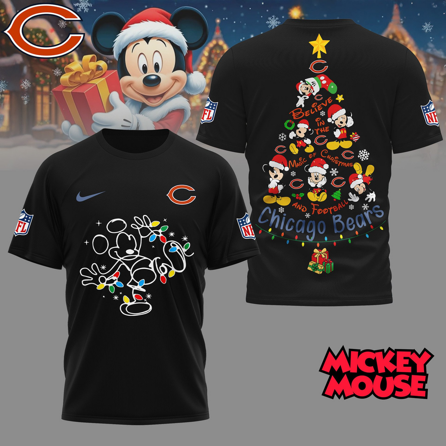 CHI Premium NFL Mickey Mouse Christmas 3D Shirt DDT CTND