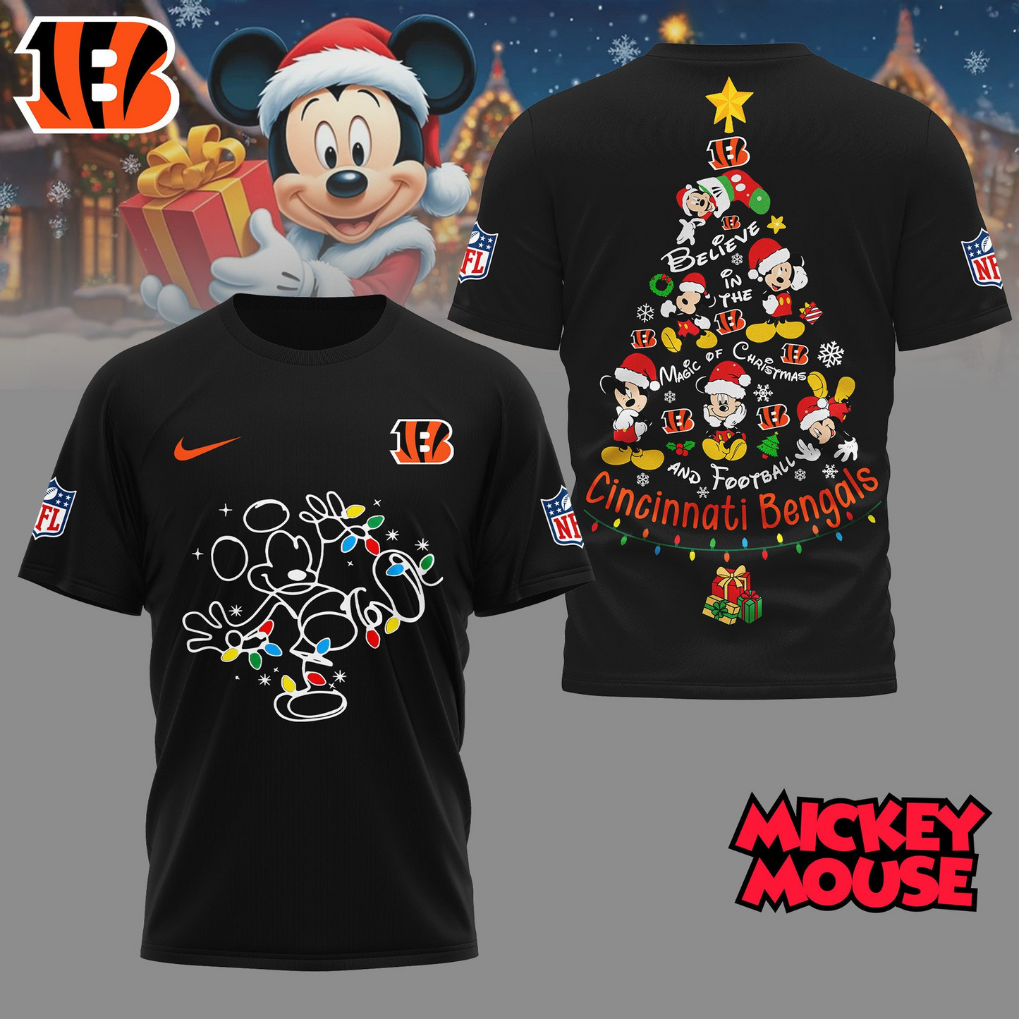 CIN Premium NFL Mickey Mouse Christmas 3D Shirt DDT CTND