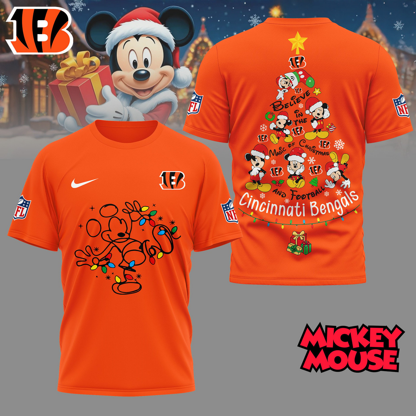 CIN Premium NFL Mickey Mouse Christmas 3D Shirt DDT CTND