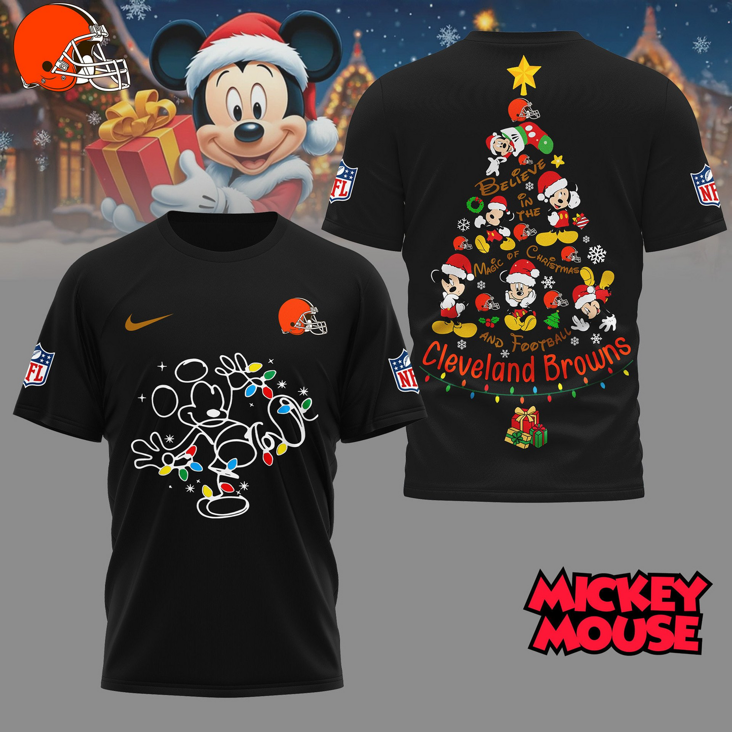 CLE Premium NFL Mickey Mouse Christmas 3D Shirt DDT CTND
