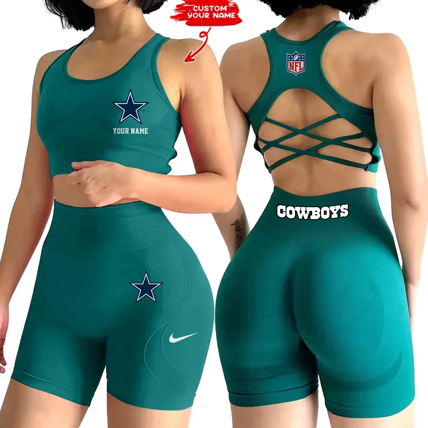 DAL x NFL 2-PCS Women's Seamless Yoga Set Sexy Sport Bra High Waist Sports Shorts DATND TANTD