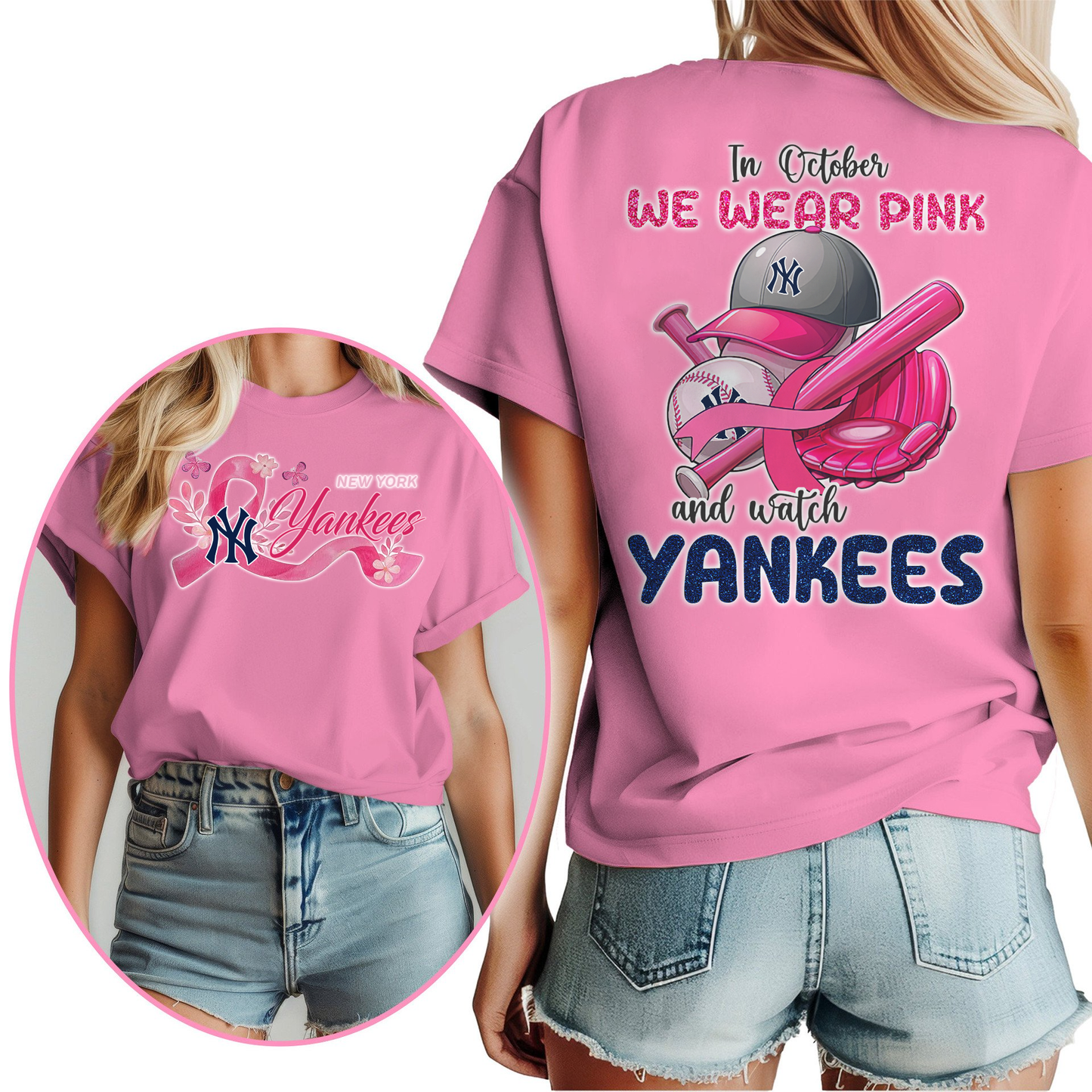 In October We Wear Pink And Watch MLB NYY Shirt DDT NTL