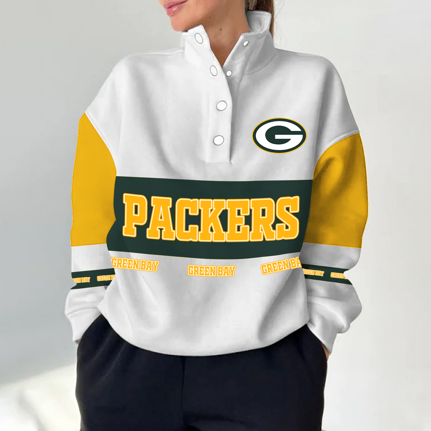 GB x NFL Women's Retro Casual Snap Mockneck Pullover DATND TANTD