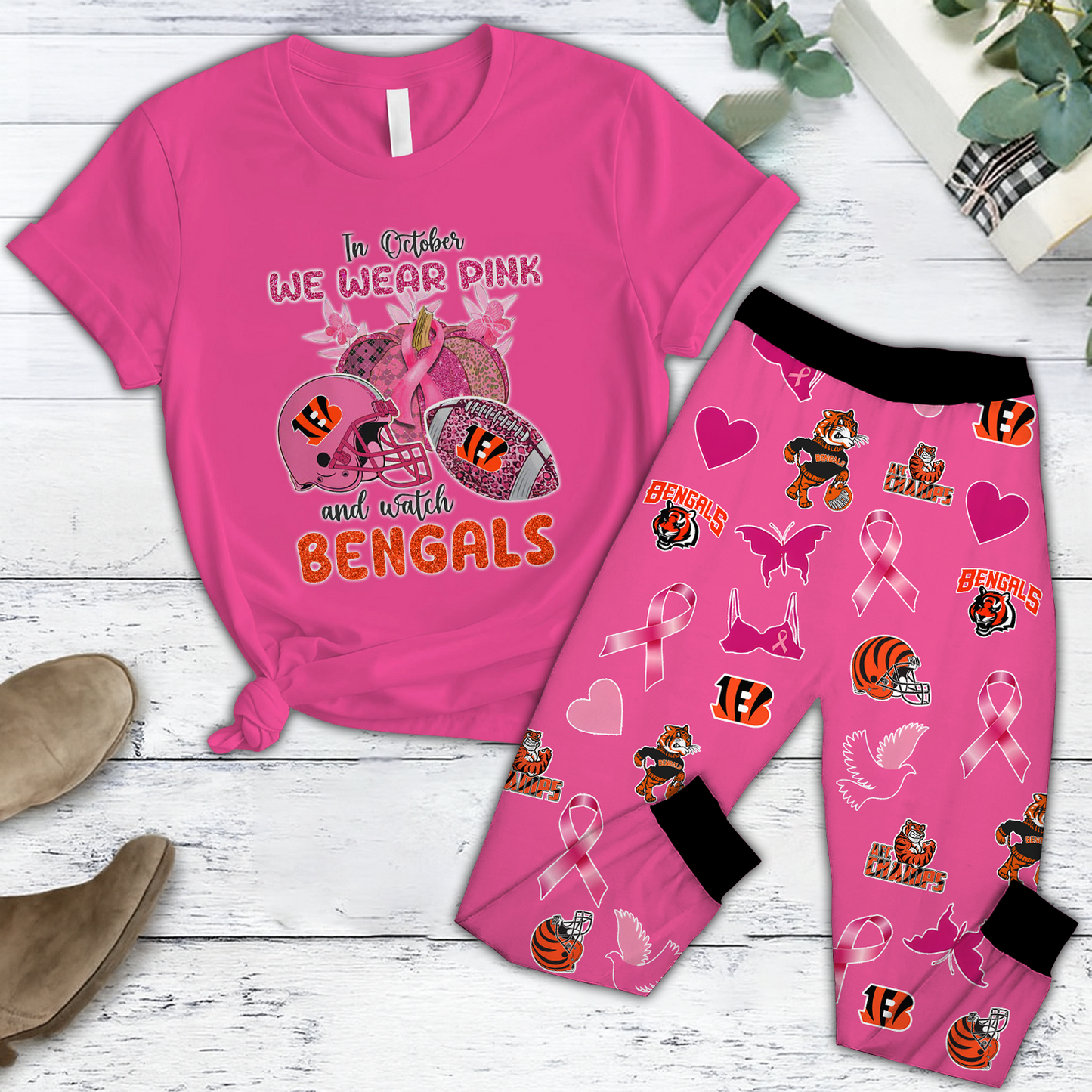 In October We Wear Pink And Watch CIN NFL Pajamas Set DatND DVT