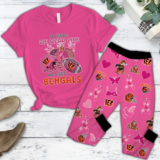 In October We Wear Pink And Watch CIN NFL Pajamas Set DatND DVT